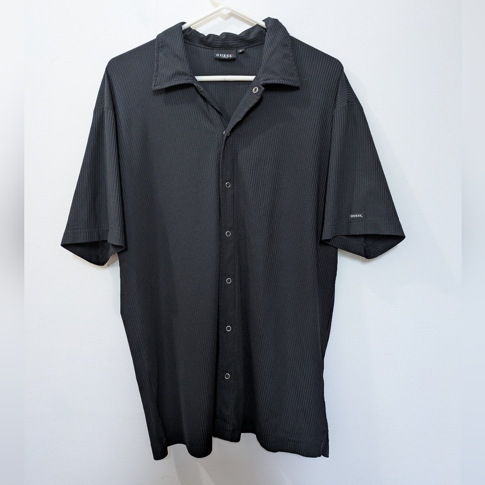Vintage Guess Jeans Black Striped Collared Snap Button Down Shirt, Mens Large